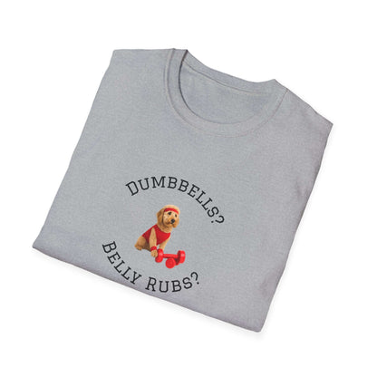 Goldendoodle Dog Lover Workout Tee – “Belly Rubs or Dumbbells?” featuring a cute dog and weights, perfect for pet lovers.