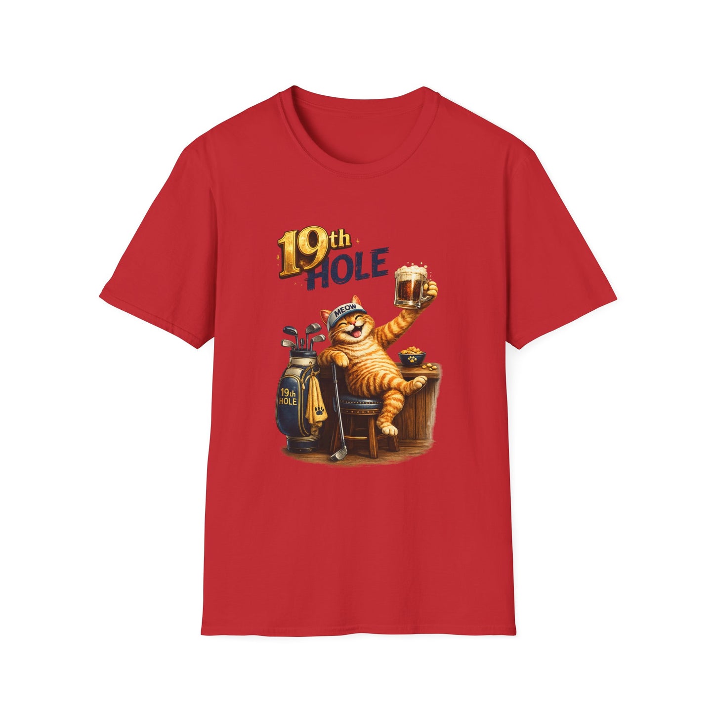 19th Hole funny cat golf T-shirt in red with orange tabby golfer