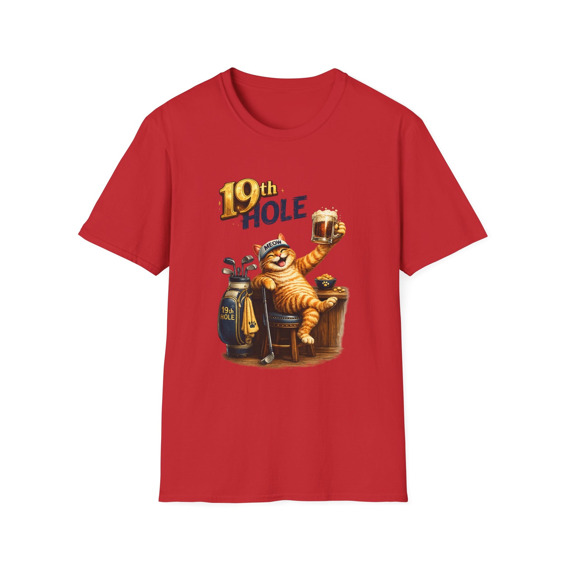19th Hole funny cat golf T-shirt in red with orange tabby golfer