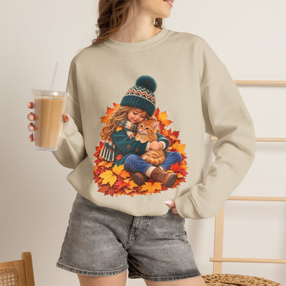 Woman holding a drink while wearing the Sand Golden Moments girl and kitten fall sweatshirt