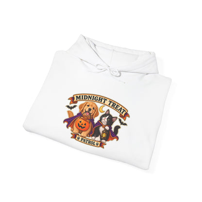 Midnight Treat Patrol Halloween puppy and kitten hoodie in white