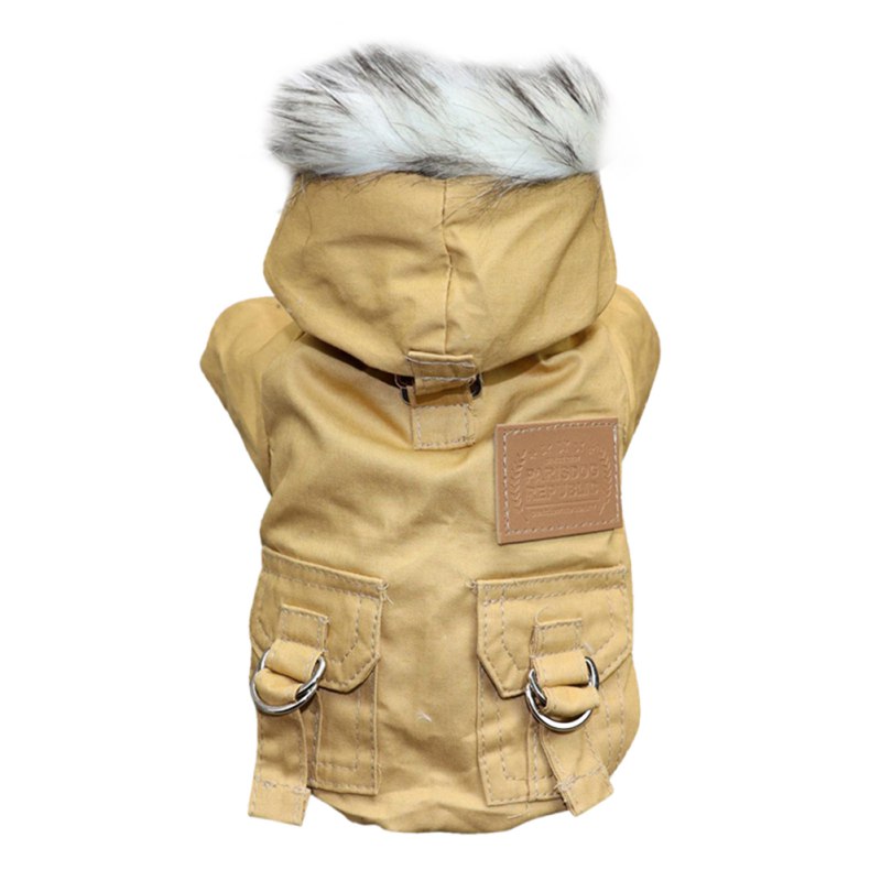 Beige dog coat with fur hood on a white background