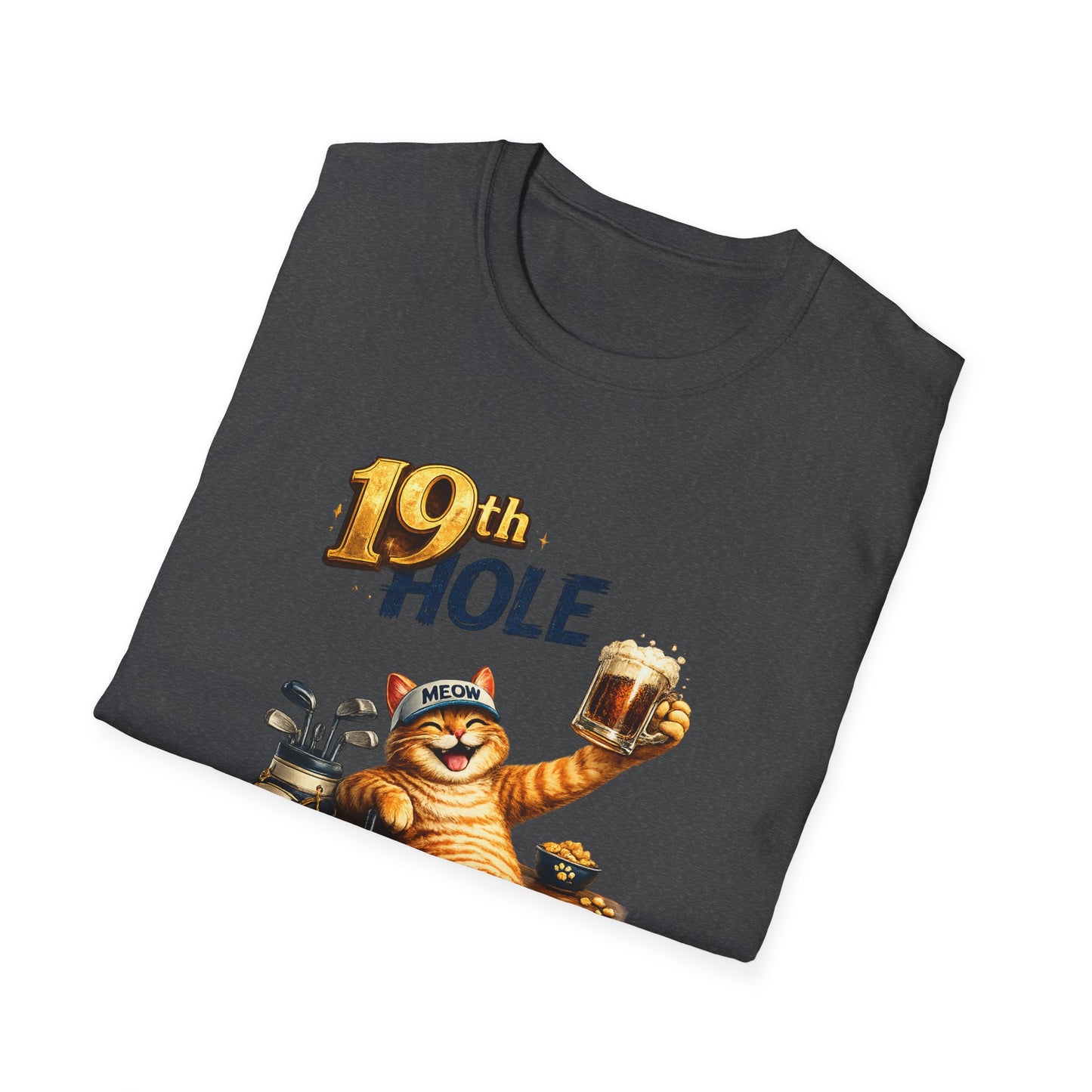 19th Hole funny cat golf T-shirt in dark heather with orange tabby golfer