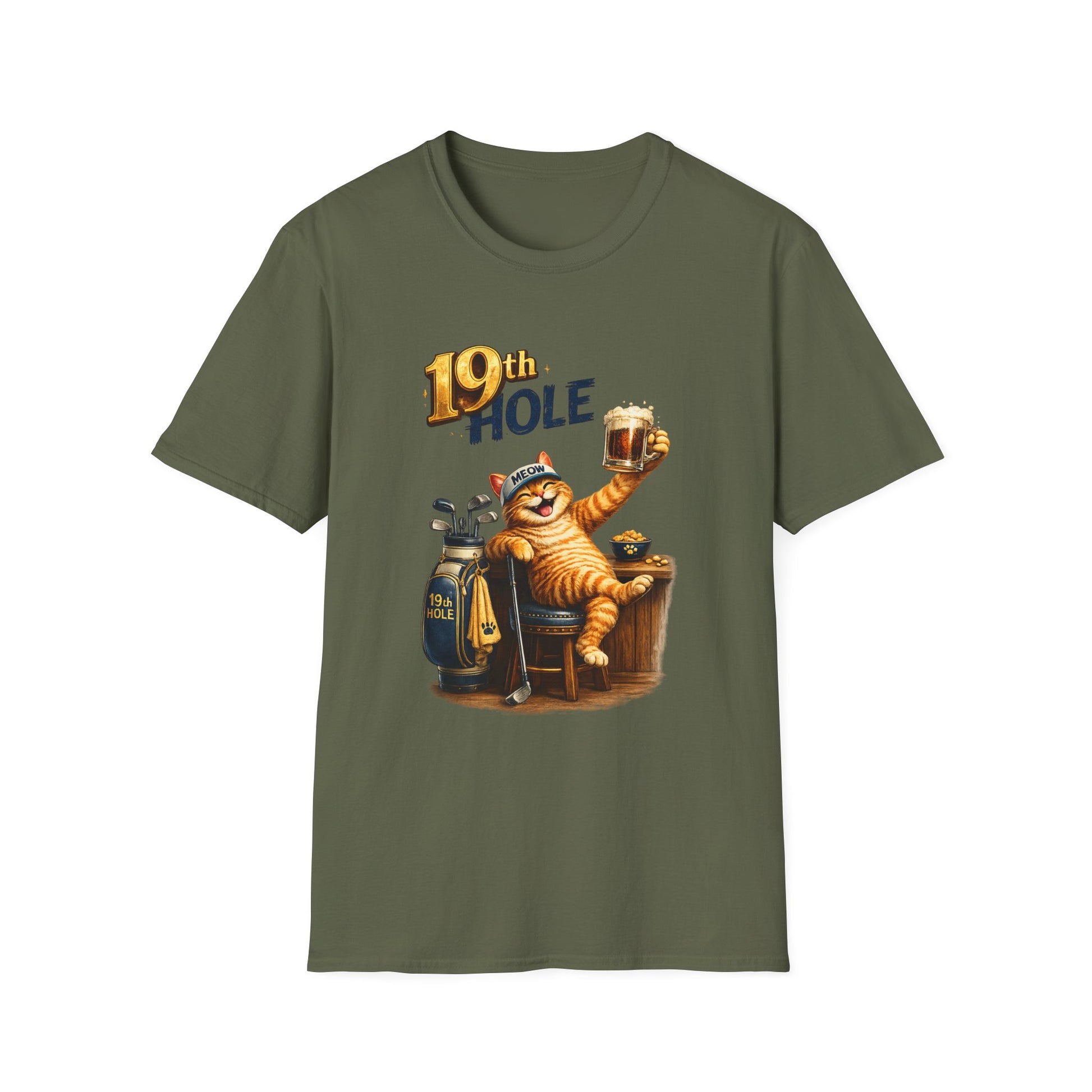19th Hole funny cat golf T-shirt in military green with orange tabby golfer