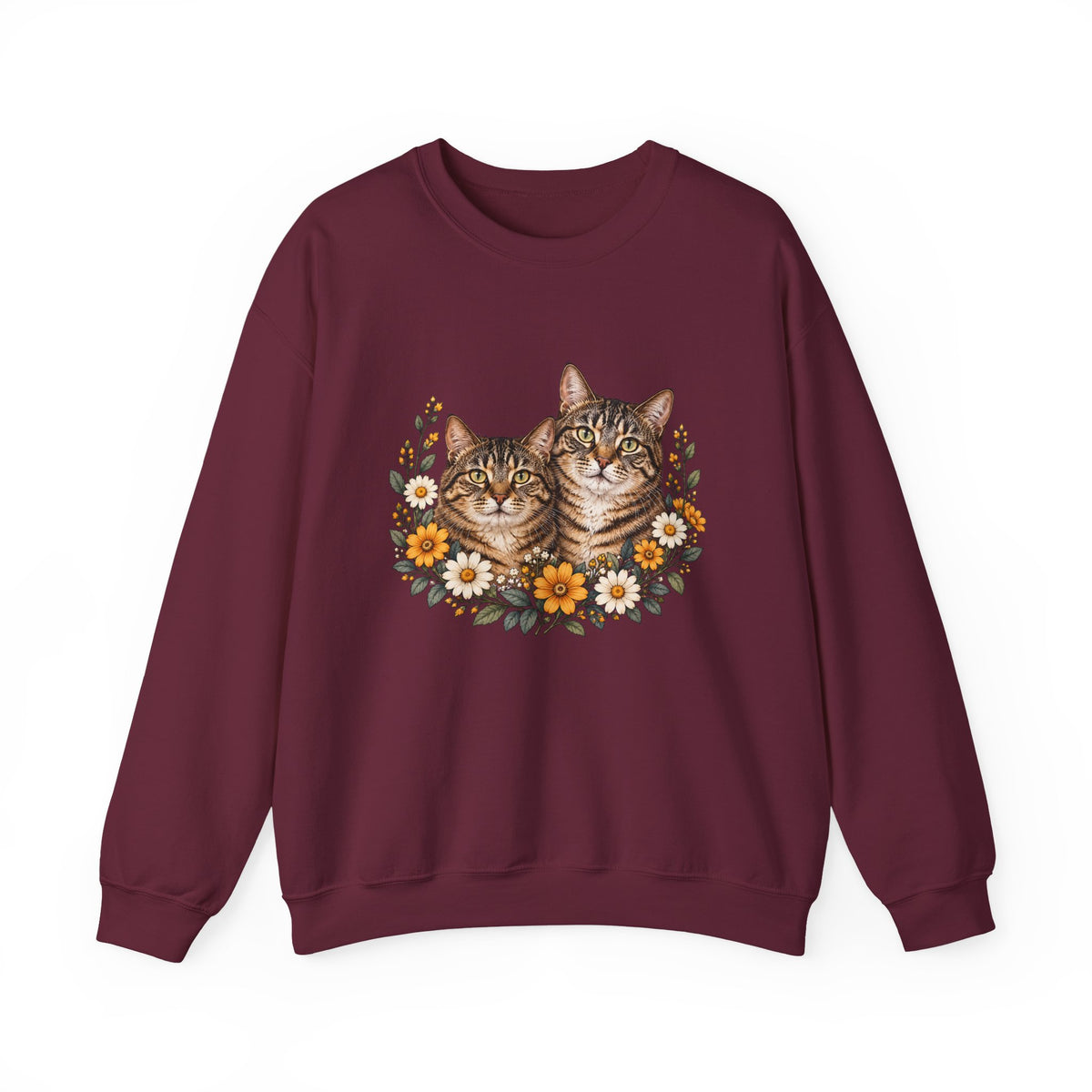 Maroon crewneck sweatshirt featuring two tabby cats surrounded by orange and white wildflowers