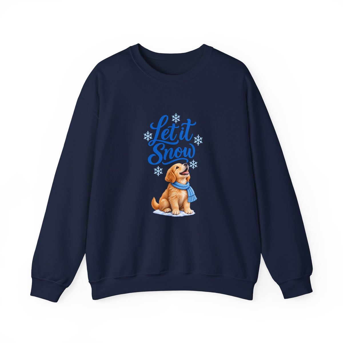 Navy Let It Snow sweatshirt featuring a golden retriever puppy in a blue scarf beneath blue script and snowflakes.