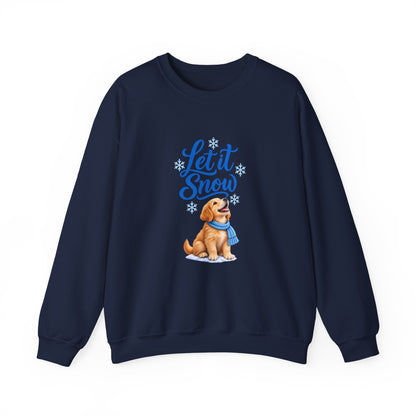 Navy Let It Snow sweatshirt featuring a golden retriever puppy in a blue scarf beneath blue script and snowflakes.