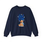 Navy Let It Snow sweatshirt featuring a golden retriever puppy in a blue scarf beneath blue script and snowflakes.