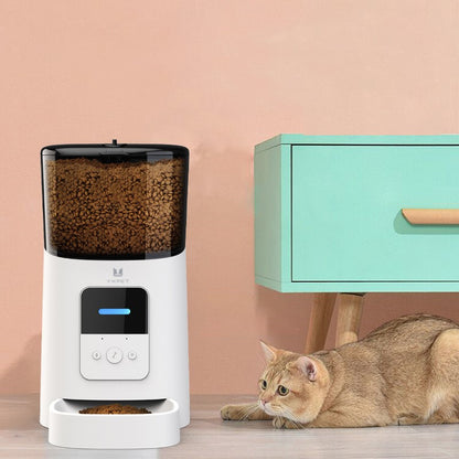 White pet feeder with brown food next to a cat on a wooden floor against a pink wall.