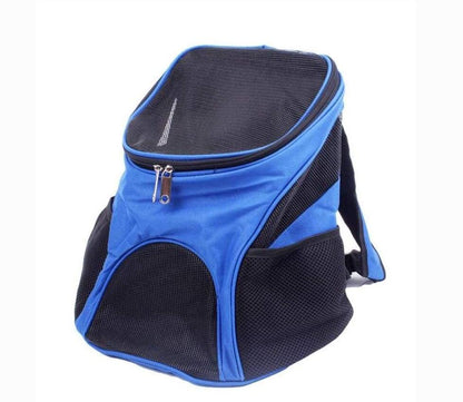 Blue and black pet carrier backpack on a white background