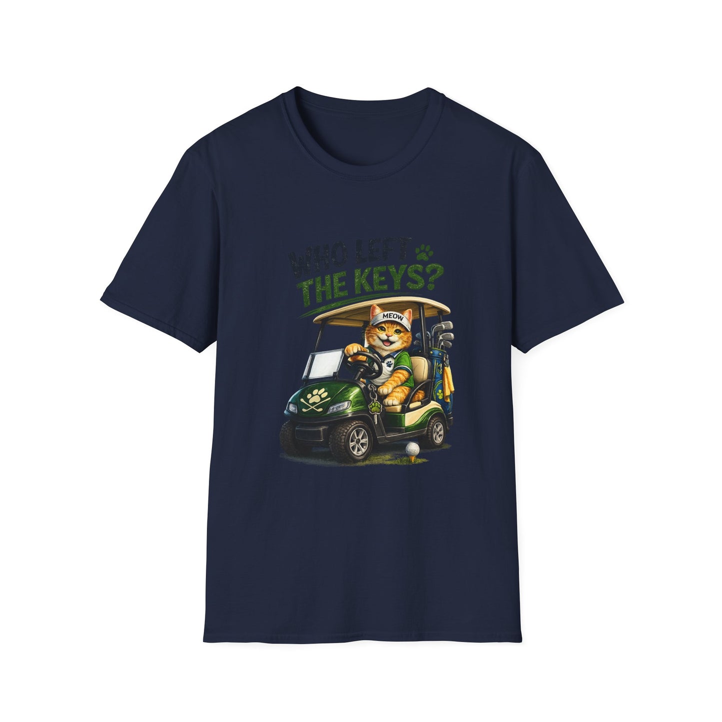 A navy blue short-sleeve crewneck t-shirt featuring a cartoon graphic of a cat in a green golf cart with the text 'WHO LEFT THE KEYS?' printed on the front.