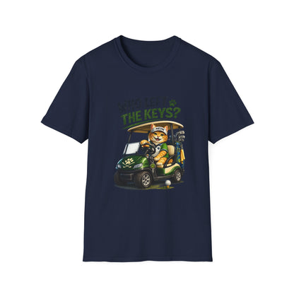 A navy blue short-sleeve crewneck t-shirt featuring a cartoon graphic of a cat in a green golf cart with the text 'WHO LEFT THE KEYS?' printed on the front.