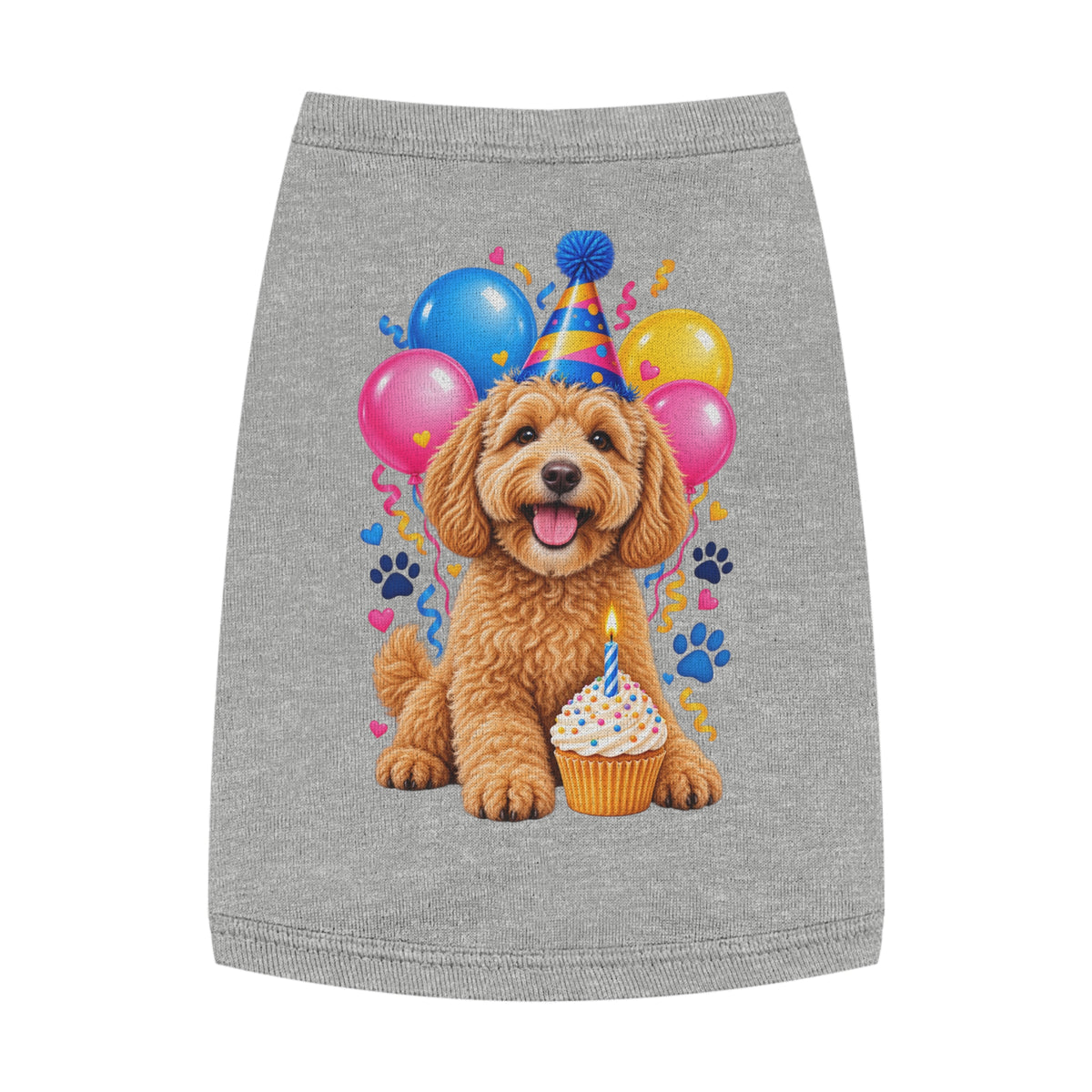 Heather dog birthday tank top with colorful puppy party design
