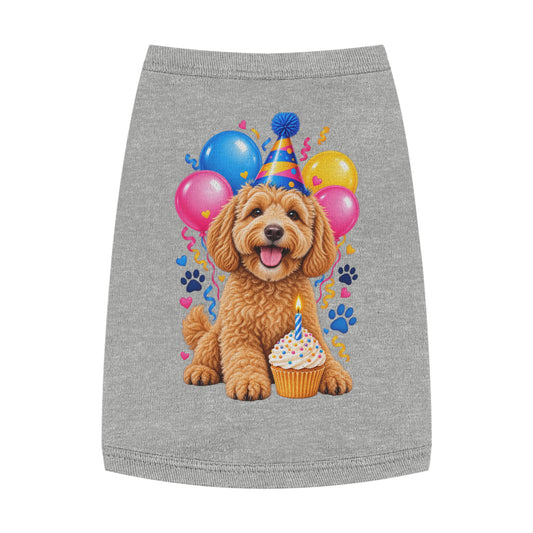 Heather dog birthday tank top with colorful puppy party design