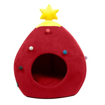 Red pet bed shaped like a planet with colorful buttons on a white background