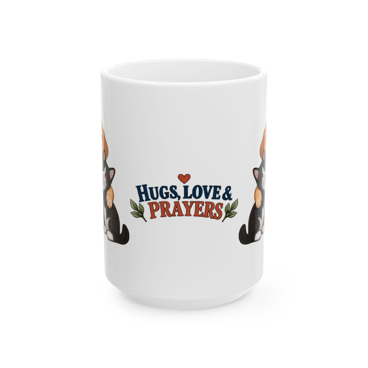 Puppy and kitten pet lover mug with Hugs Love and Prayers design