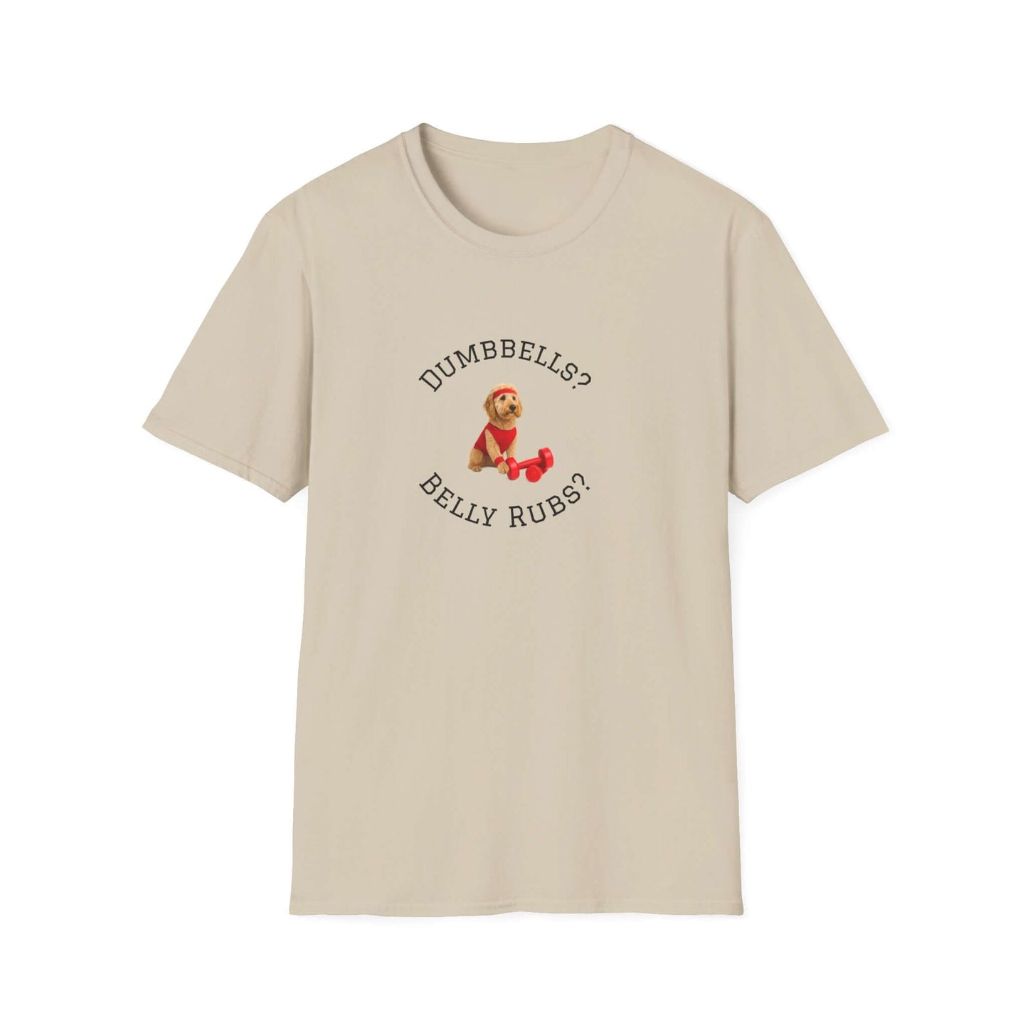 Goldendoodle Dog Lover Workout Tee – “Belly Rubs or Dumbbells?” featuring cute dog design for fitness lovers.