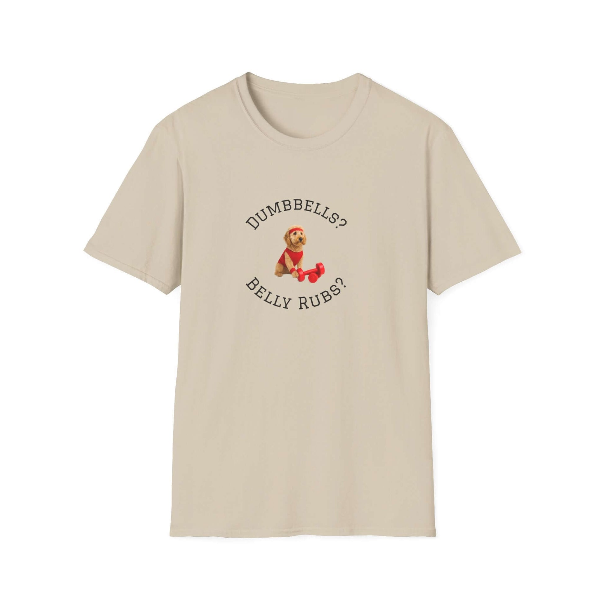 Goldendoodle Dog Lover Workout Tee – “Belly Rubs or Dumbbells?” featuring cute dog design for fitness lovers.