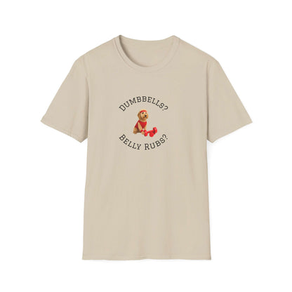 Goldendoodle Dog Lover Workout Tee – “Belly Rubs or Dumbbells?” featuring cute dog design for fitness lovers.