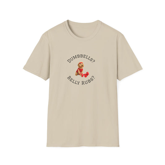Beige t-shirt with a graphic of a dog and text on a white background