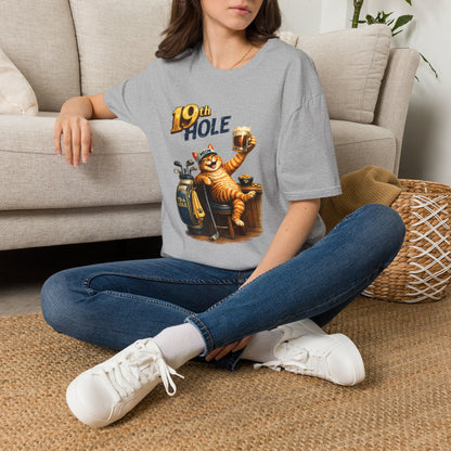 19th Hole funny cat golf T-shirt in sport grey with orange tabby golfer