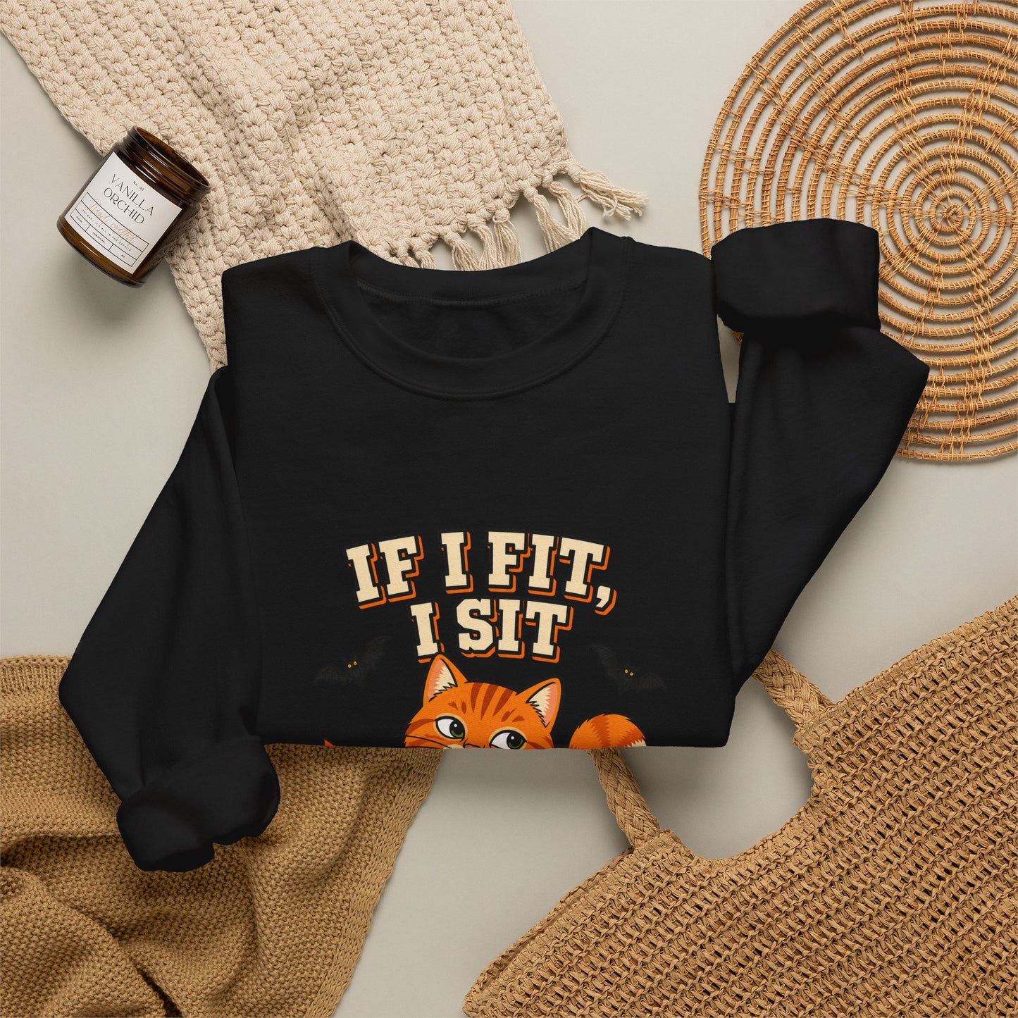 If I Fit, I Sit Halloween Cat Sweatshirt – Pumpkin Cat Crewneck