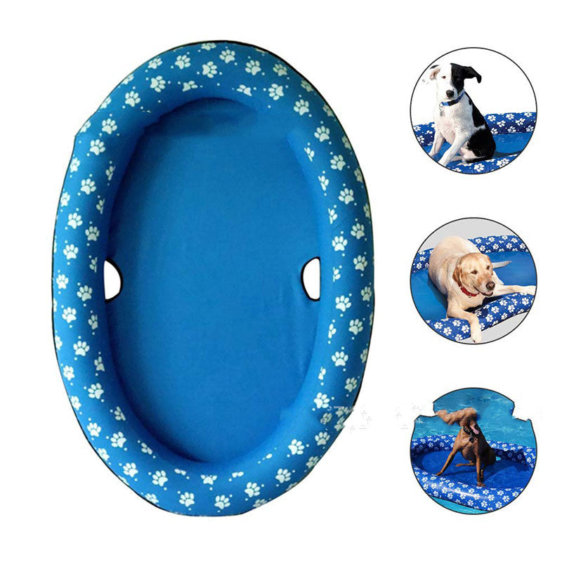 Blue pet potty with paw prints and images of dogs using it.