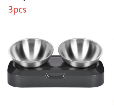 Pet food bowl set with two stainless steel bowls on a black base, labeled '3pcs'.