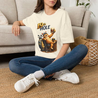 19th Hole funny cat golf T-shirt in natural with orange tabby golfer