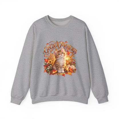 Sport Grey Golden Moments kitten sweatshirt with autumn leaves, wildflowers and pumpkin artwork

