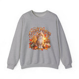 Sport Grey Golden Moments kitten sweatshirt with autumn leaves, wildflowers and pumpkin artwork
