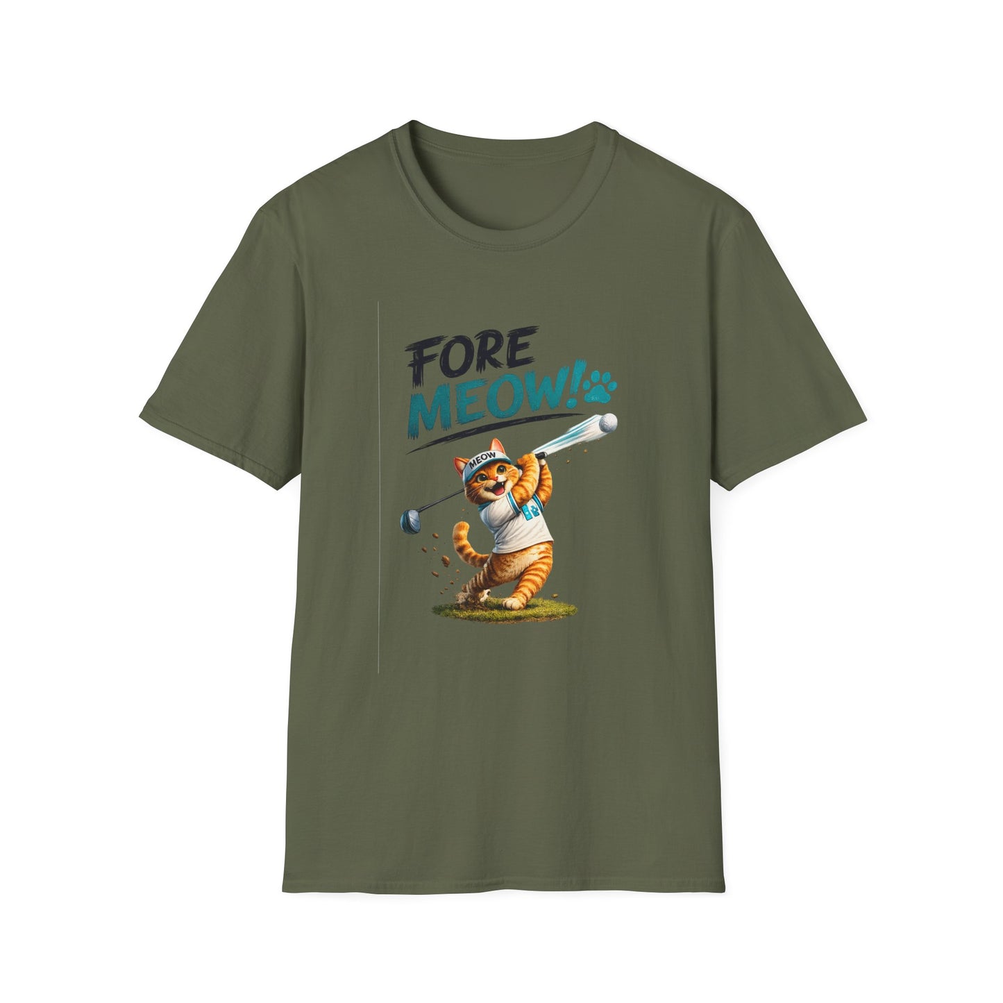 An olive green short-sleeve crewneck t-shirt featuring a cartoon graphic of an orange tabby cat wearing a white baseball uniform and swinging a bat, with the text 'FORE MEOW!' in black and teal above it.
