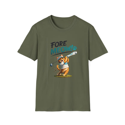 An olive green short-sleeve crewneck t-shirt featuring a cartoon graphic of an orange tabby cat wearing a white baseball uniform and swinging a bat, with the text 'FORE MEOW!' in black and teal above it.