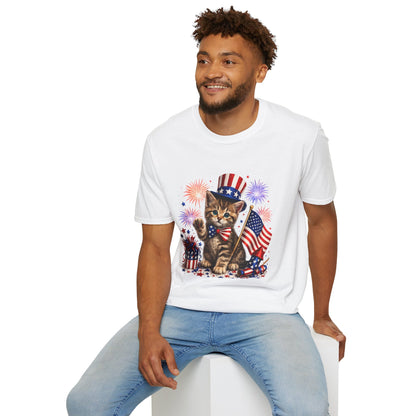 Man wearing a white t-shirt with a kitten in a hat and American flag graphic.