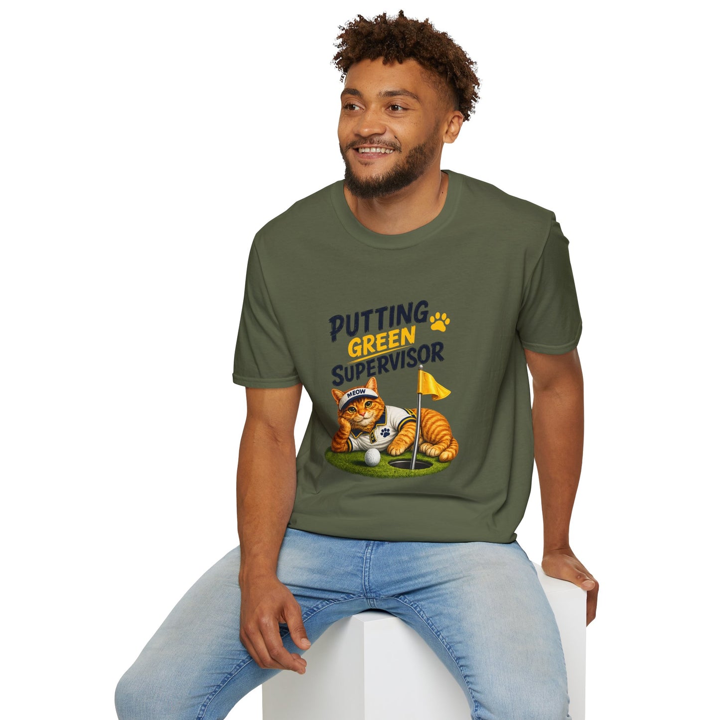 Putting Green Supervisor funny cat golf T-shirt with orange tabby beside golf hole- militaary green