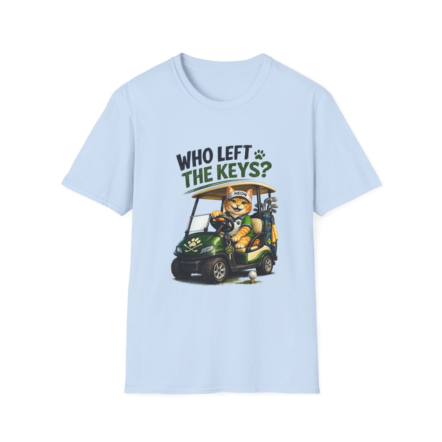 A light blue short-sleeve crewneck t-shirt featuring a graphic print of a cartoon cat driving a green golf cart with the text 'WHO LEFT THE KEYS?' above it, displayed on a clean white background.