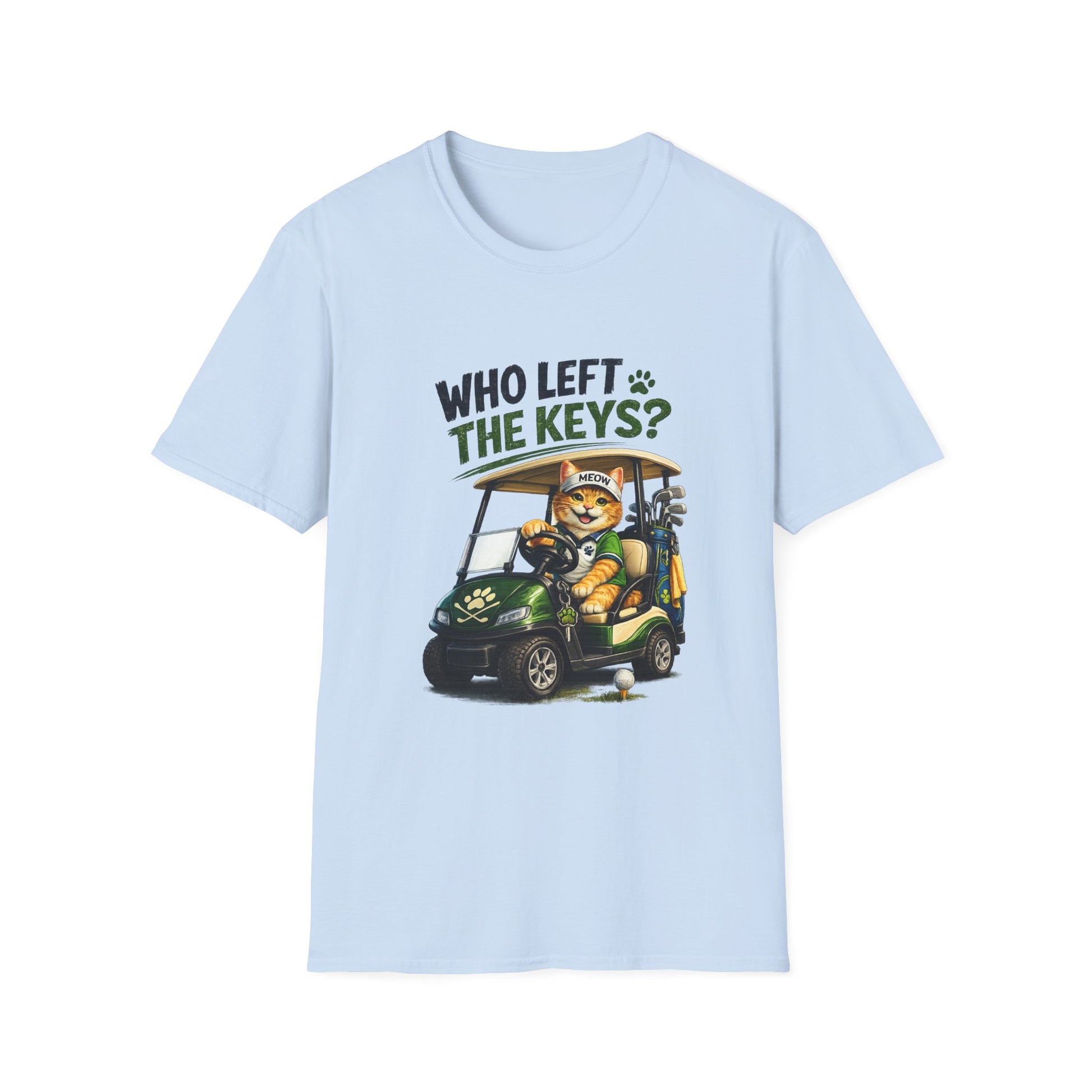 A light blue short-sleeve crewneck t-shirt featuring a graphic print of a cartoon cat driving a green golf cart with the text 'WHO LEFT THE KEYS?' above it, displayed on a clean white background.