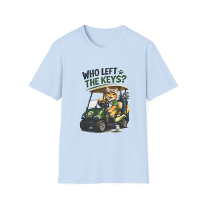 A light blue short-sleeve crewneck t-shirt featuring a graphic print of a cartoon cat driving a green golf cart with the text 'WHO LEFT THE KEYS?' above it, displayed on a clean white background.