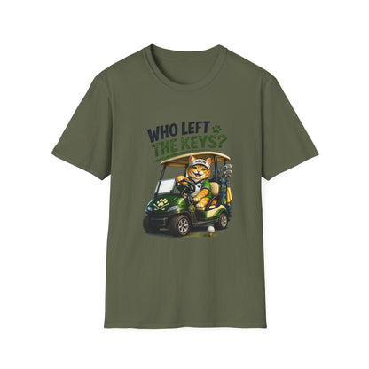 An olive green short-sleeve crewneck t-shirt featuring a graphic of a cartoon cat in a golf cart with the text 'WHO LEFT THE KEYS?' above it, displayed on a solid white background.