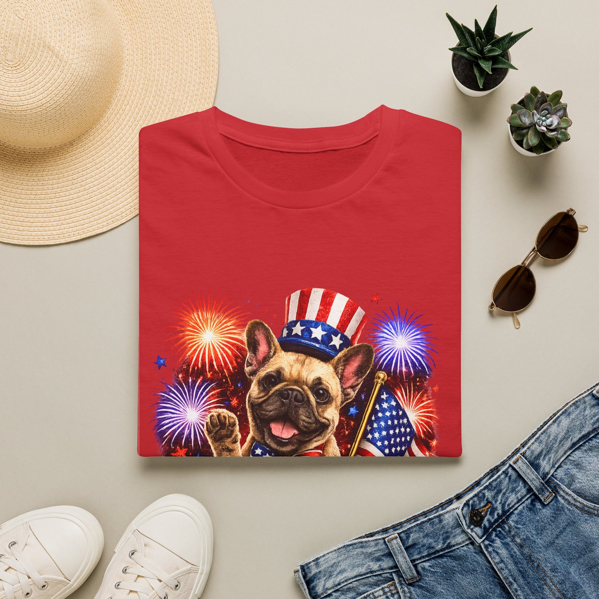 Red t-shirt with a dog wearing an American flag hat and fireworks design, surrounded by a hat, sunglasses, shoes, and plants on a light surface.