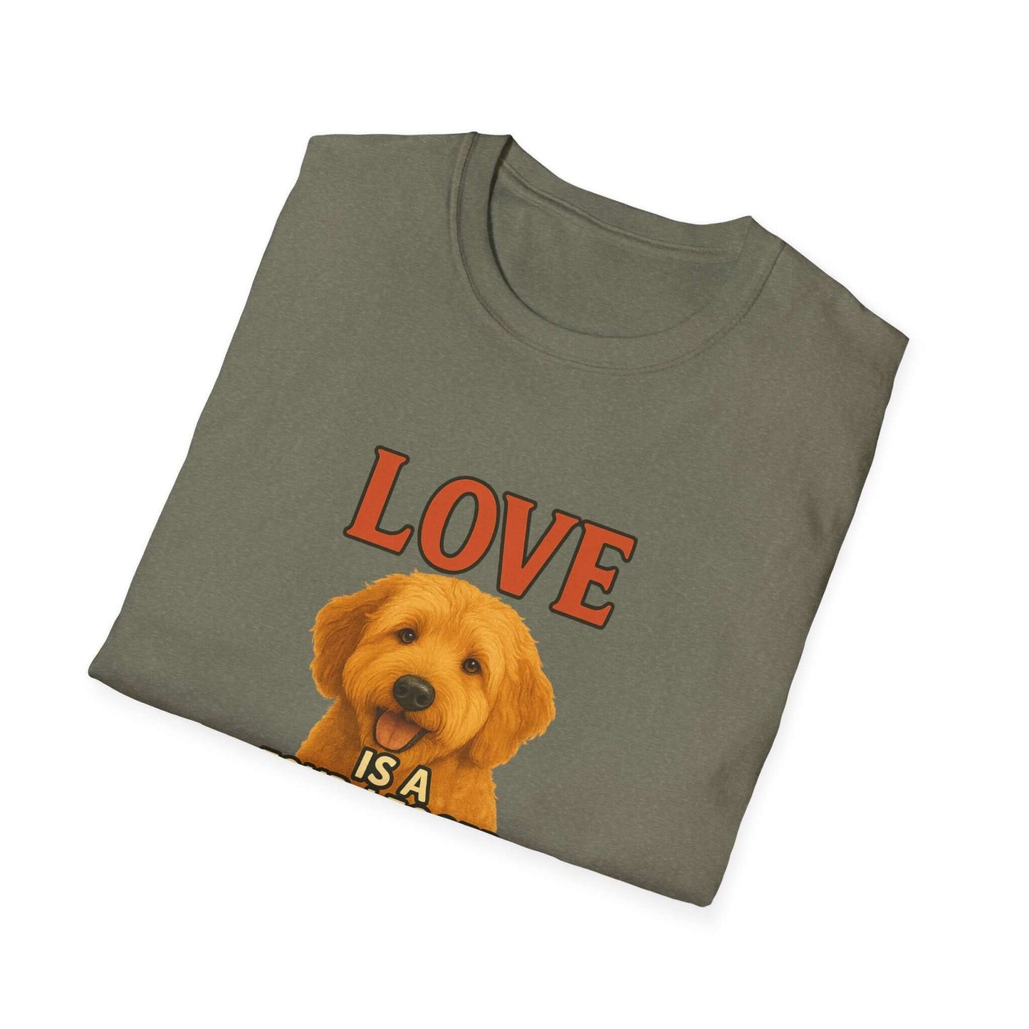 Goldendoodle Tee: "Love Is a Four-Legged Word" pet t-shirt for dog lovers, perfect for pets and casual outings.