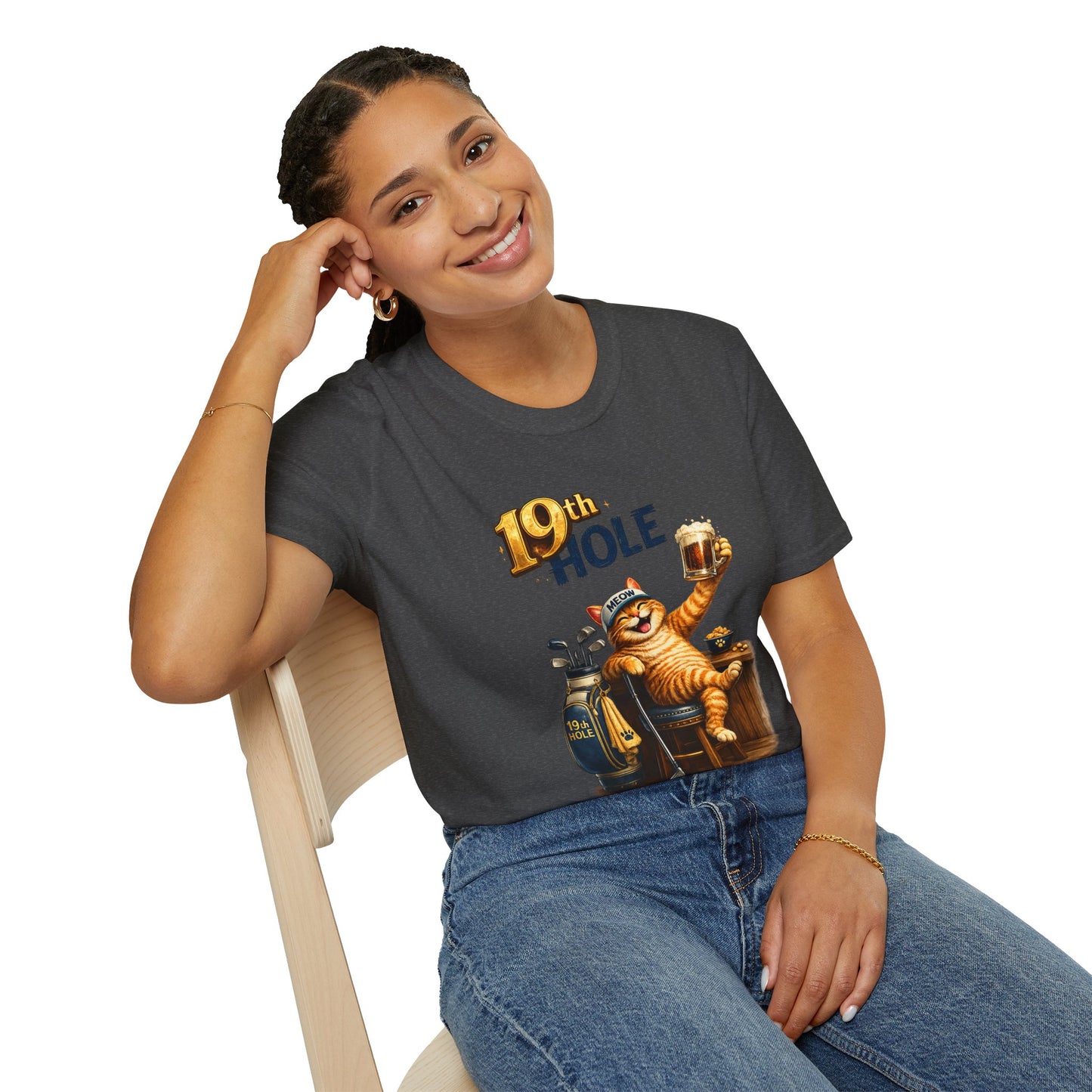 19th Hole funny cat golf T-shirt in dark heather with orange tabby golfer
