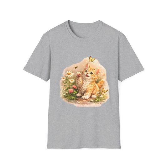 Gray t-shirt with a graphic of two kittens and flowers on a white background