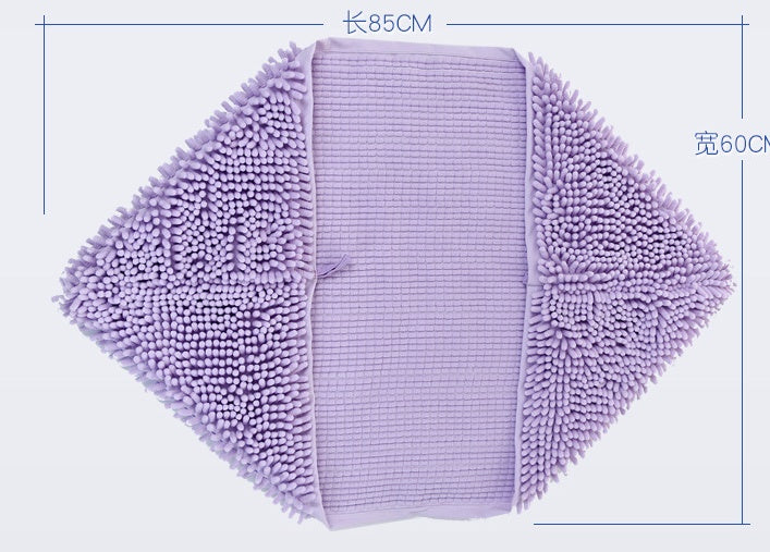 Purple textured towel with dimensions on a white background