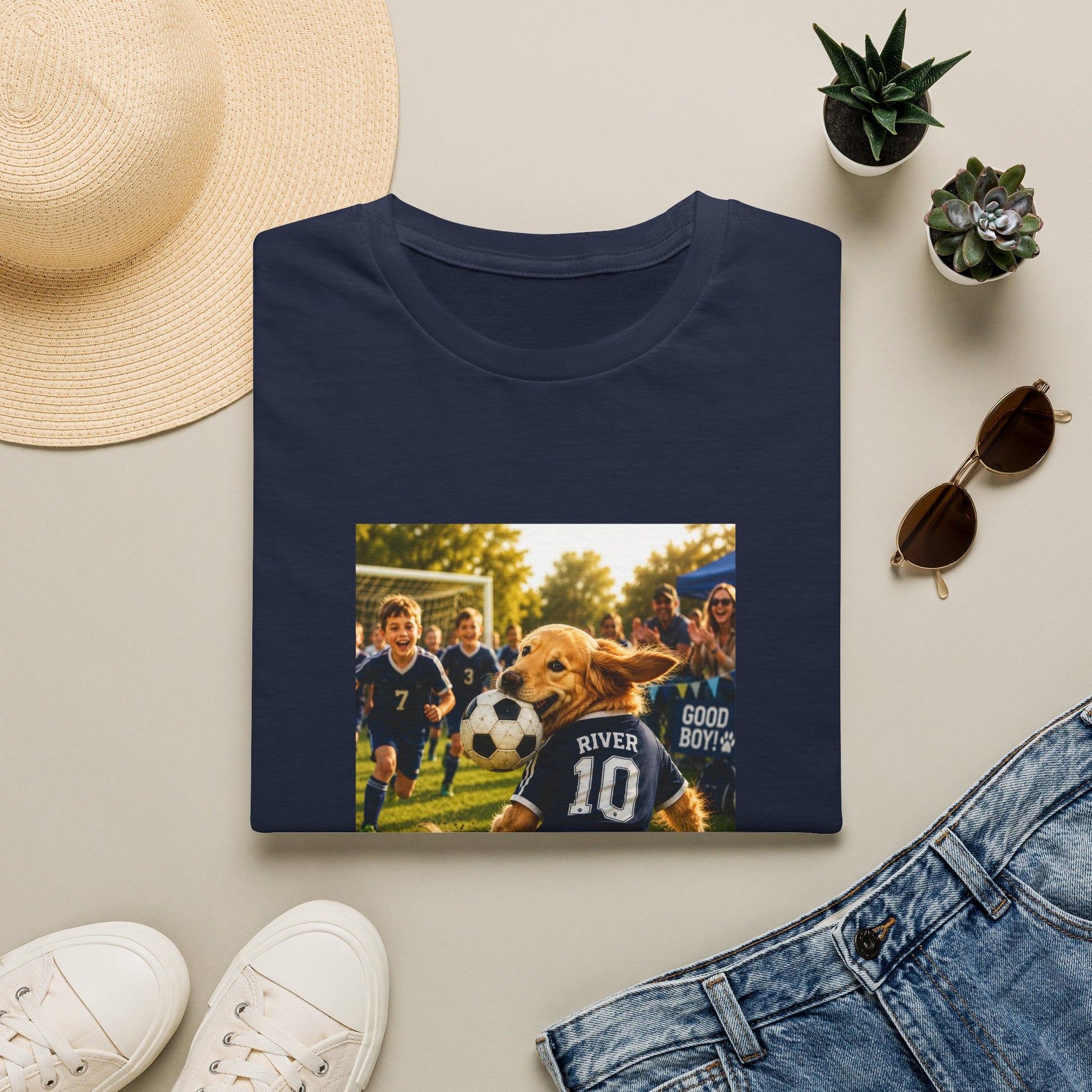 A navy blue folded T-shirt is displayed in a styled flat lay on a light beige surface, surrounded by a straw hat, white sneakers, blue jeans, sunglasses, and small potted succulents. The shirt features a rectangular printed graphic of a golden retriever dog wearing a soccer jersey with the number 10 and the word 'RIVER'.