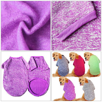 Collage of purple fabric, glittery texture, and dogs wearing purple dog sweaters.