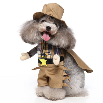 Dog toy dressed as a cowboy with a hat, scarf, and star badge on a white background