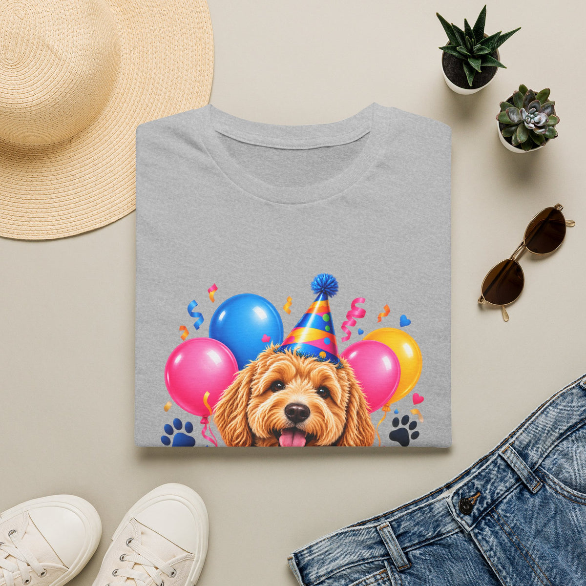 Folded Sport Grey Birthday Dog T-Shirt with cute puppy birthday design