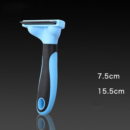 Blue and black pet grooming tool with measurements on a dark background
