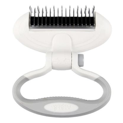 White grooming tool with black attachments on a white background